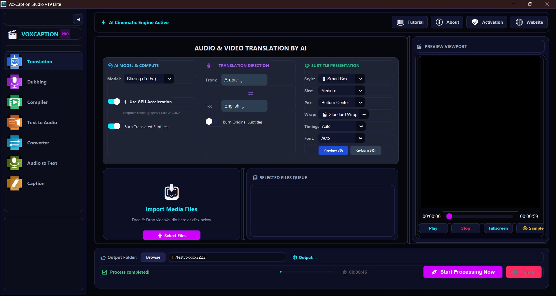 VoxCaption Studio interface showing AI video translation